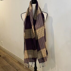 100% Pashmina Purple and Yellow Checkered Scarf w’ Fringe details Shawl Wrap